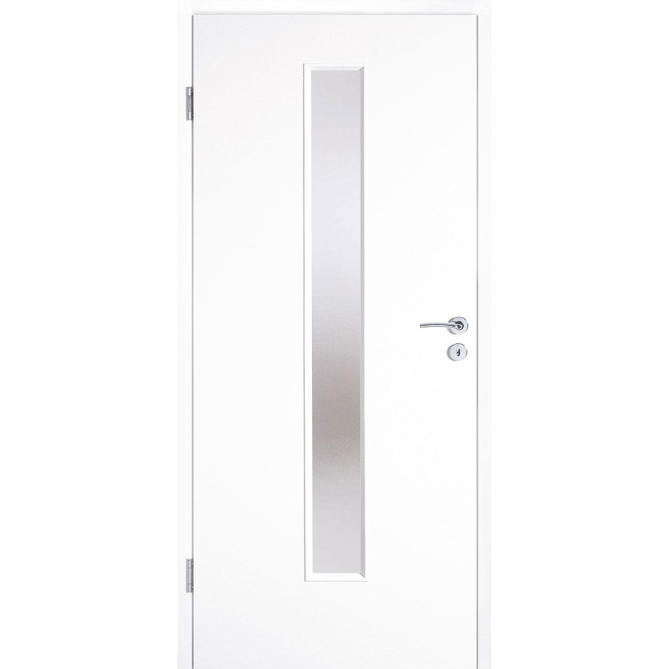 Kilsgaard Zimmertür mit Lichtausschnitt/Glas schmal mittig Weiß lackiert Lamikor Typ 43/LA05 Rundkante, DIN Links, 860x2110 mm,Chinchilla (ESG)