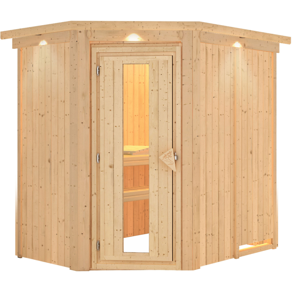 Sauna Karibu Saja, sans poêle, avec costière de toiture,Porte en bois avec vitrage isolant,vitrage claire