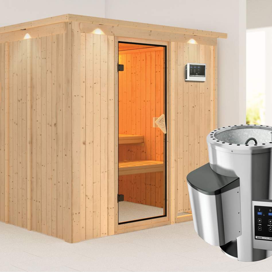 Sauna Karibu Daria, Easy Finnisch 3,6 kW Ofen, avec costière de toiture,bronzé,Porte tout verre