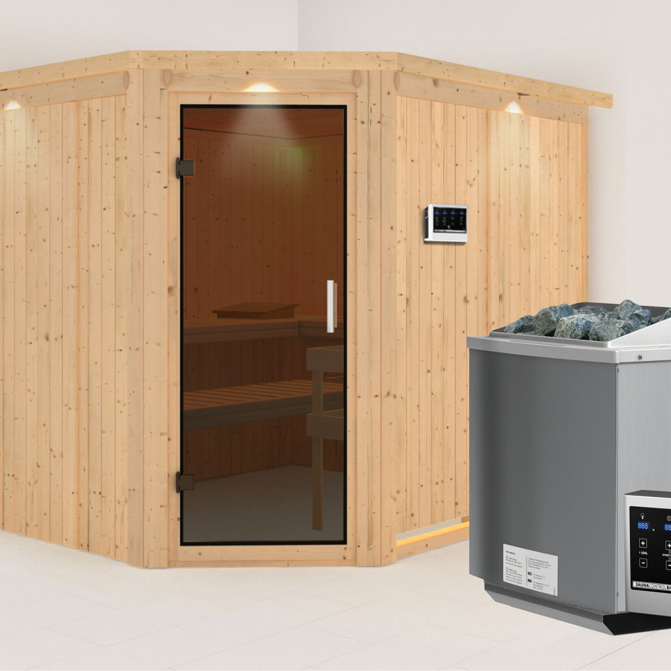 Karibu Sauna Malin, 9 kW cmd ext. Easy Bio, avec costière de toiture,graphit,Porte tout verre