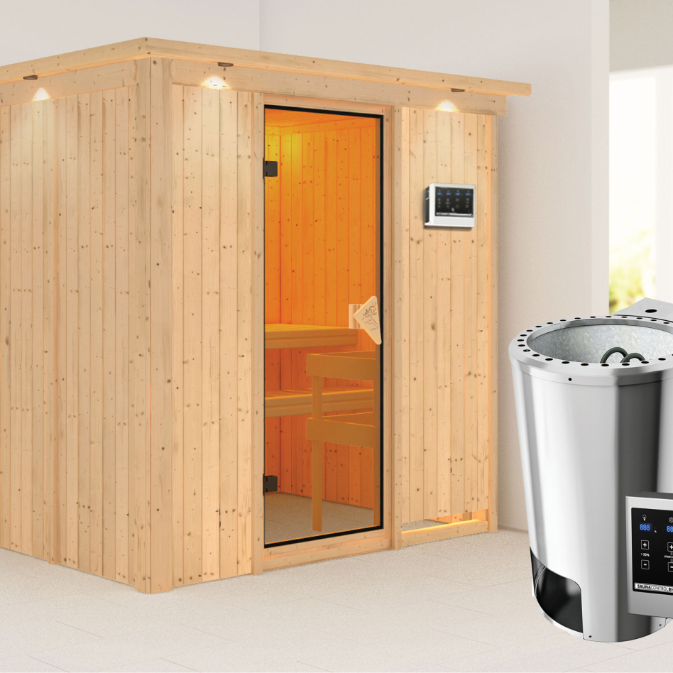 Karibu Sauna Fanja, Easy Bio 3,6 kW Ofen, avec costière de toiture,bronzé,Porte tout verre