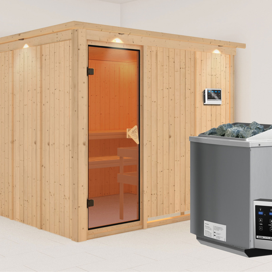 Karibu Sauna Gobin, 9 kW cmd ext. Easy Bio, avec costière de toiture,bronzé,Porte tout verre