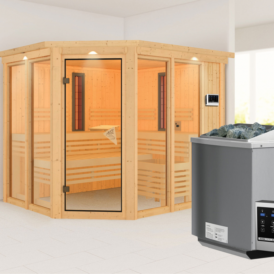 Karibu IR-Multifunktionsauna Ava, 9 kW ext. Steuerung Easy Bio, mit Dachkranz