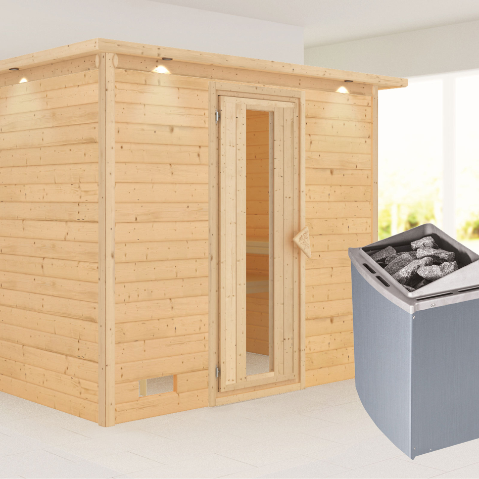 Karibu Sauna Sonara, 9 kW cmd intégrée, avec costière de toiture,Porte en bois avec vitrage isolant,vitrage claire