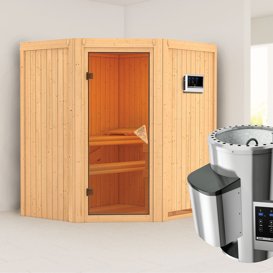 Karibu Sauna Tonja, Easy Finnisch 3,6 kW Ofen, bronzé,Porte tout verre,sans corniche