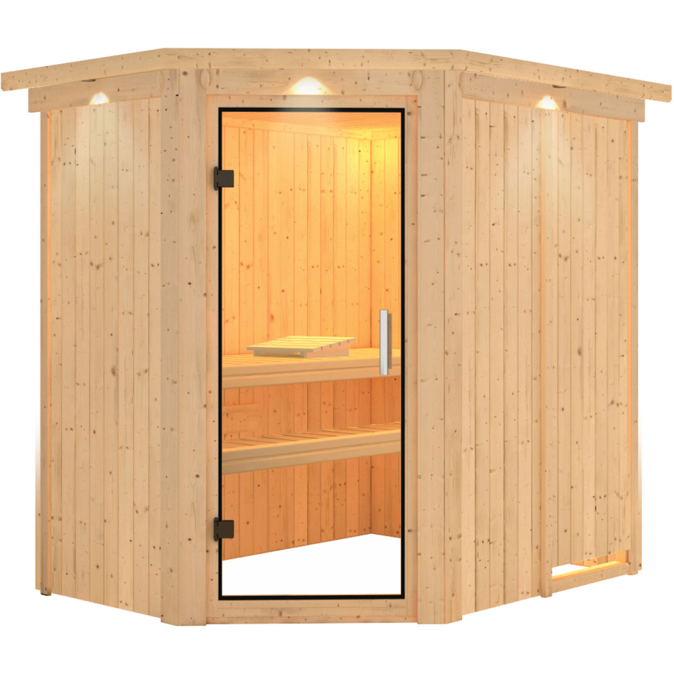 Sauna Karibu Saja, sans poêle, avec costière de toiture,Porte tout verre,vitrage claire