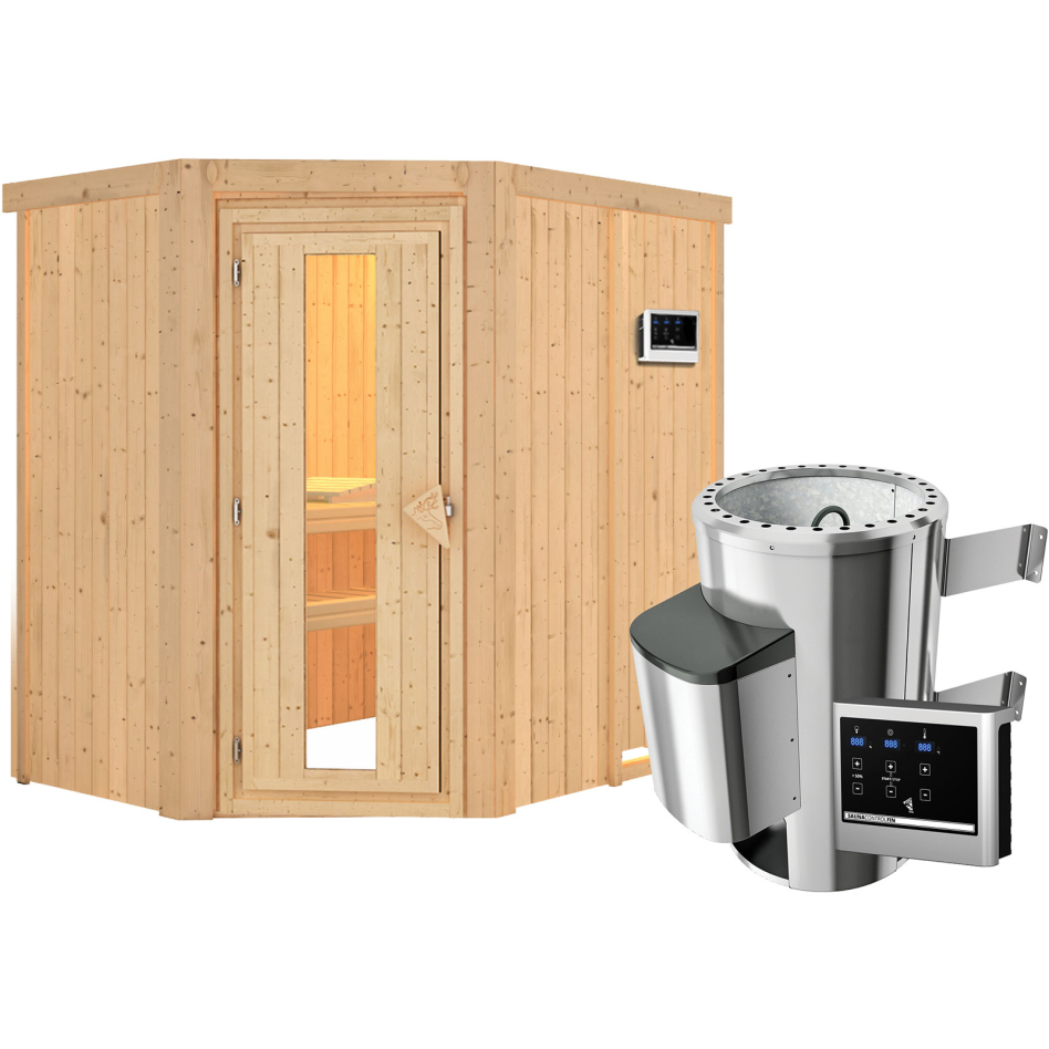 Sauna Karibu Saja, Easy Finnisch 3,6 kW Ofen, Porte en bois avec vitrage isolant,sans corniche,vitrage claire