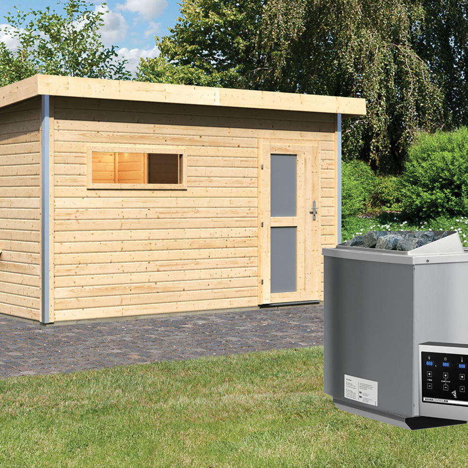 Maison de sauna Karibu Skrollan 3 Naturel, 9 kW cmd ext. Easy Bio, vitrage opaque
