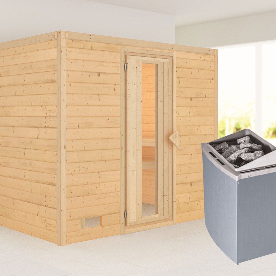Karibu Sauna Sonara, 9 kW cmd intégrée, Porte en bois avec vitrage isolant,sans corniche,vitrage claire