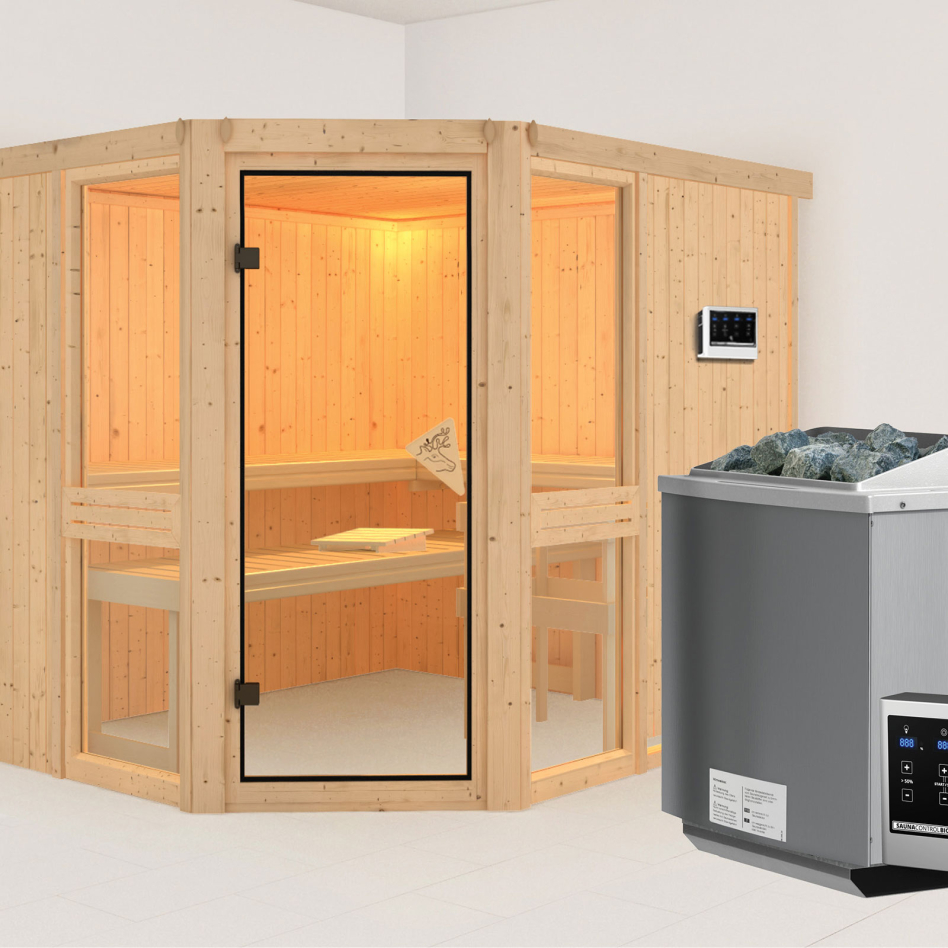 Sauna Karibu Amelia 3, 9 kW cmd ext. Easy Bio, sans corniche