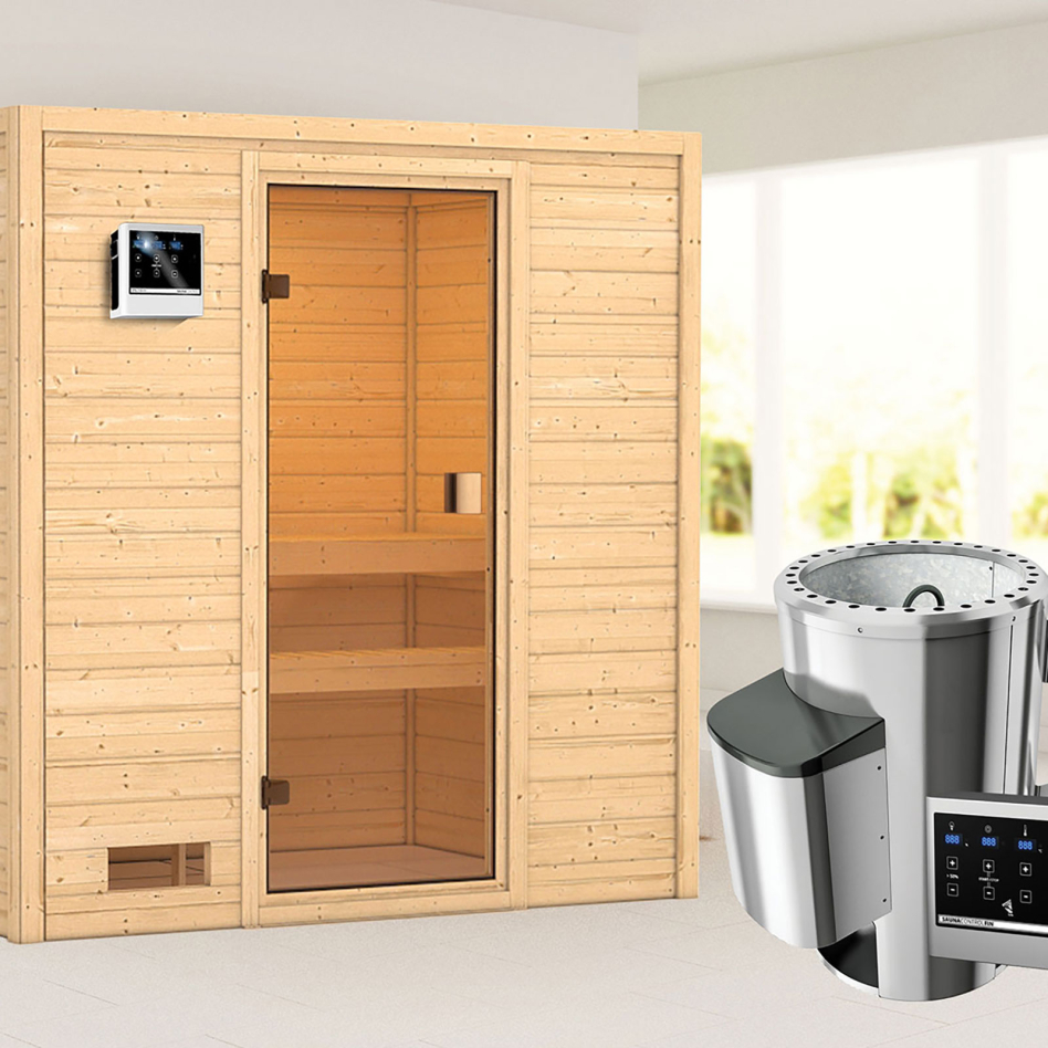 Sauna Karibu Woodfeeling Selena, Easy Finnisch 3,6 kW Ofen, sans corniche