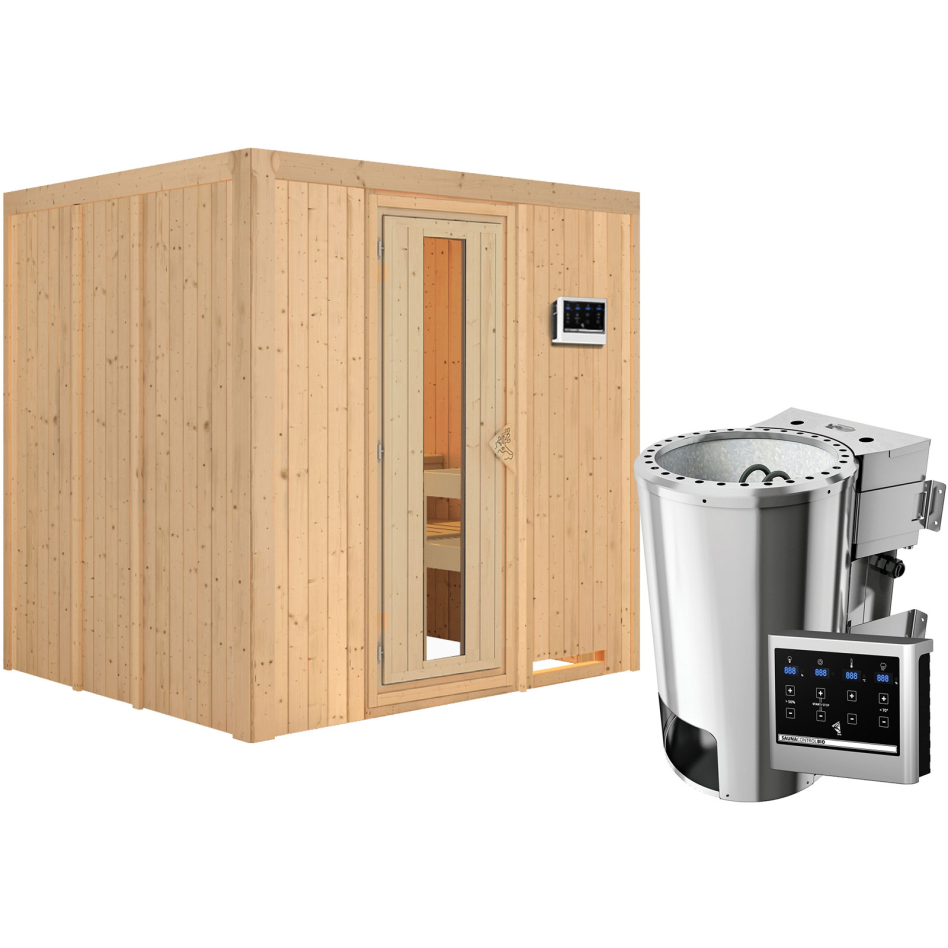 Sauna Karibu Daria, Easy Bio 3,6 kW Ofen, Porte en bois avec vitrage isolant,sans corniche,vitrage claire