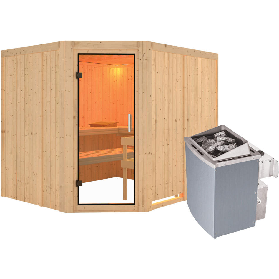 Karibu Sauna Malin, 9 kW cmd intégrée, Porte tout verre,sans corniche,vitrage claire