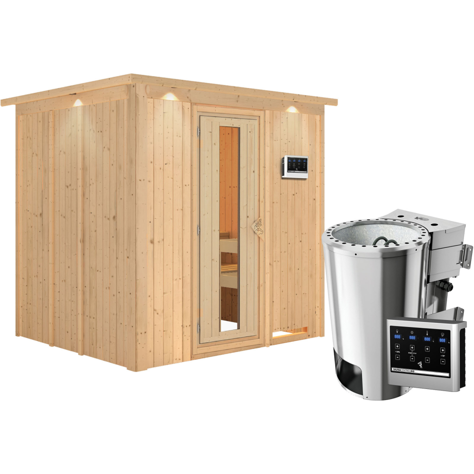 Sauna Karibu Daria, Easy Bio 3,6 kW Ofen, avec costière de toiture,Porte en bois avec vitrage isolant,vitrage claire