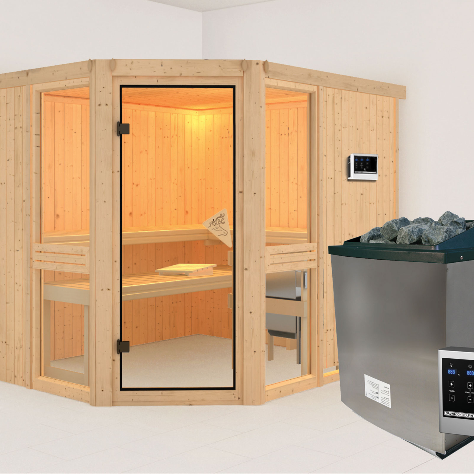 Sauna Karibu Amelia 3, 9 kW cmd ext. Easy Finnisch, sans corniche