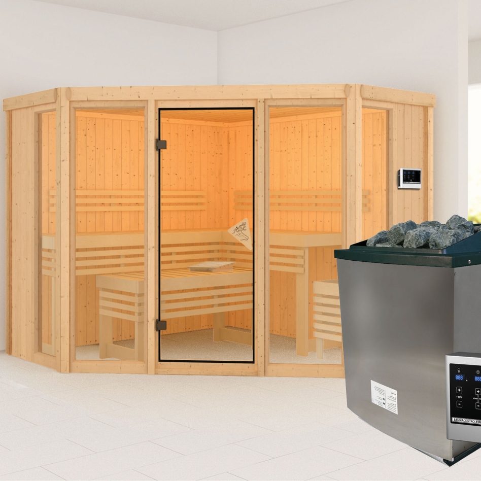 Sauna Karibu Alcinda, 9 kW cmd ext. Easy Finnisch, sans corniche