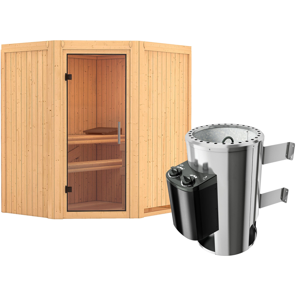 Karibu Sauna Tonja, 3,6 kW Ofen, Plug&Play int. Steuerung, Porte tout verre,sans corniche,vitrage claire