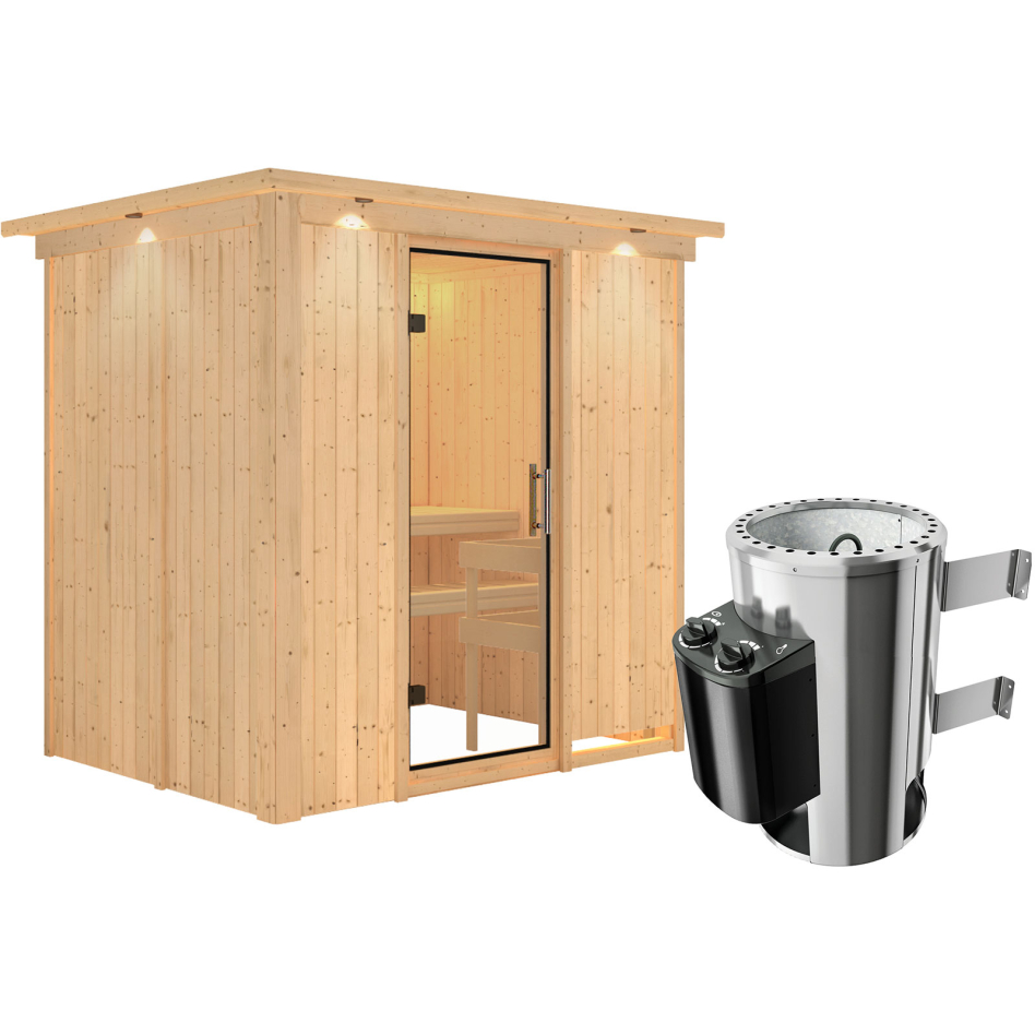 Karibu Sauna Fanja, 3,6 kW Ofen, Plug&Play int. Steuerung, avec costière de toiture,Porte tout verre,vitrage claire
