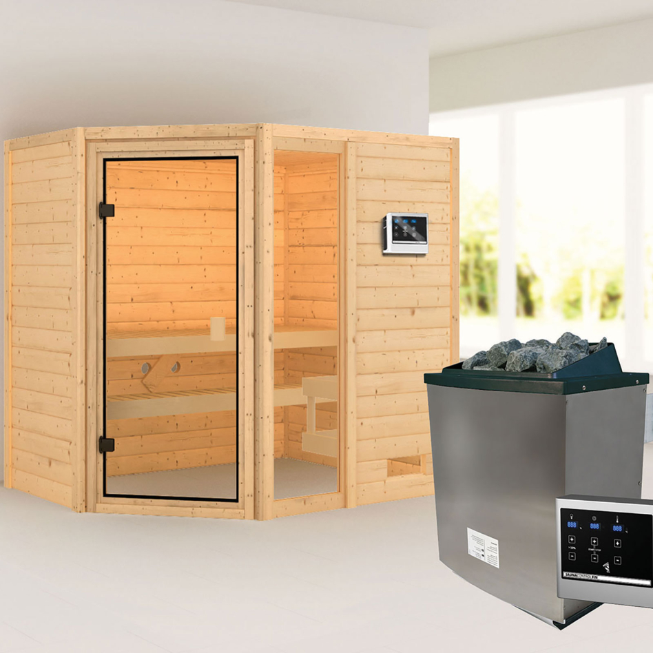 Sauna Karibu Woodfeeling Jada, 9 kW cmd ext. Easy Finnisch, sans corniche