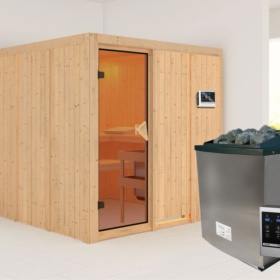 Karibu Sauna Rodin, 9 kW cmd ext. Easy Finnisch, bronzé,Porte tout verre,sans corniche