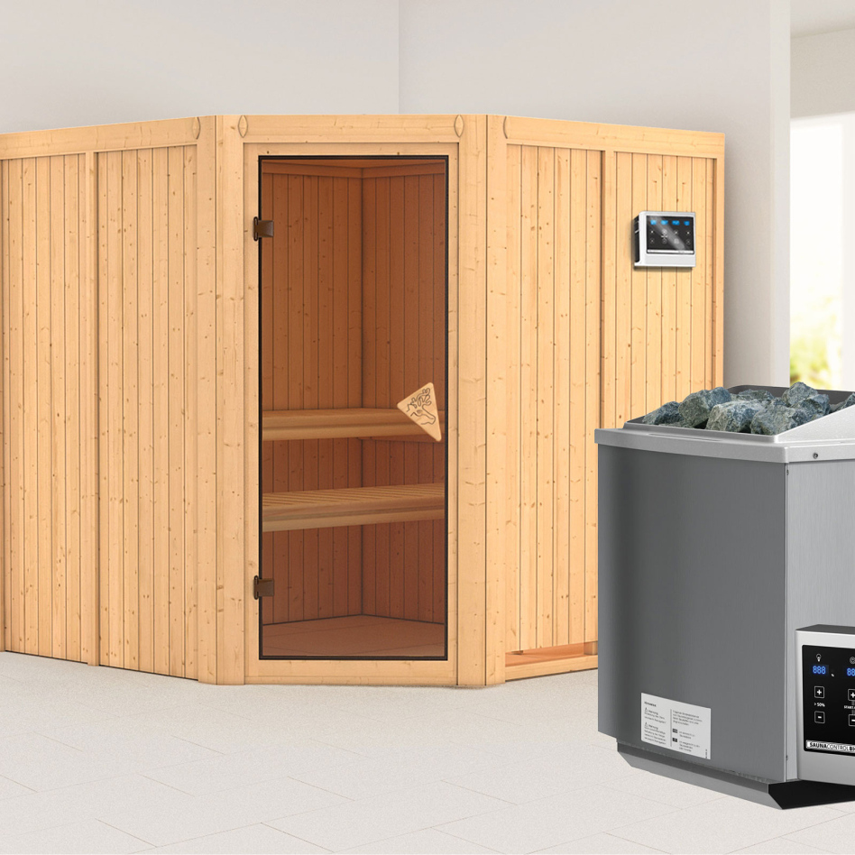 Karibu Sauna Jarin, 9 kW cmd ext. Easy Bio, bronzé,Porte tout verre,sans corniche