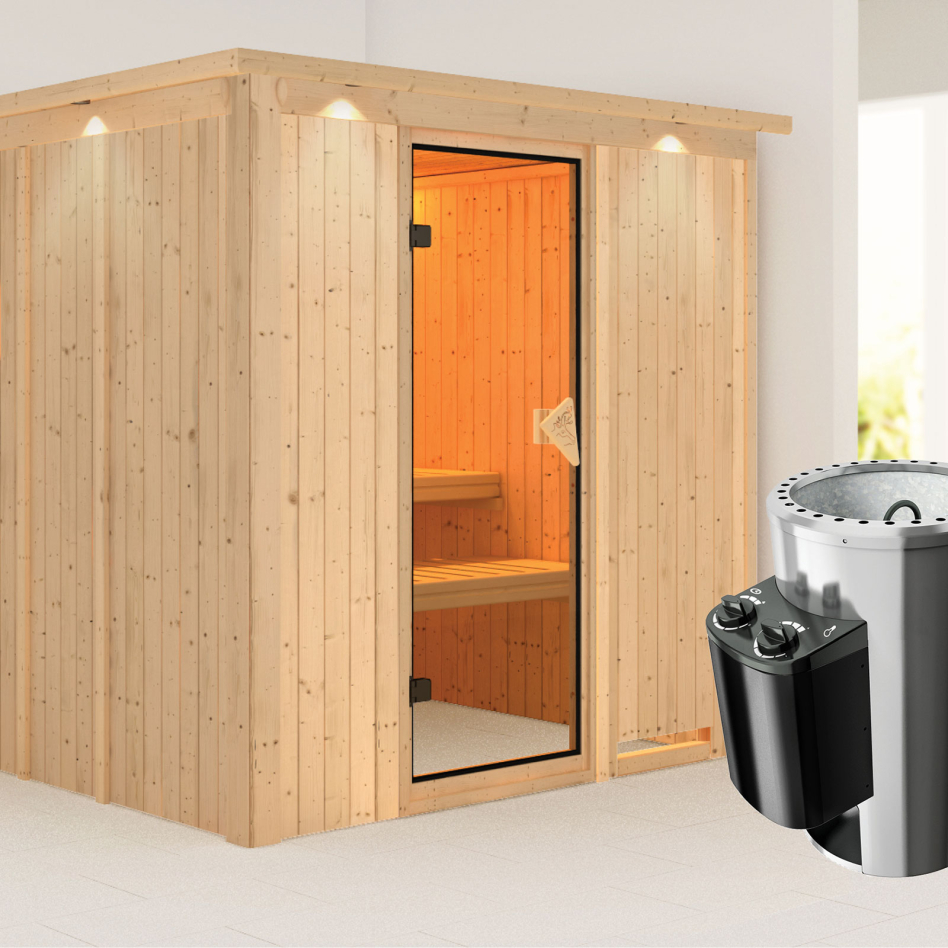 Sauna Karibu Daria, 3,6 kW Ofen, Plug&Play int. Steuerung, avec costière de toiture,bronzé,Porte tout verre
