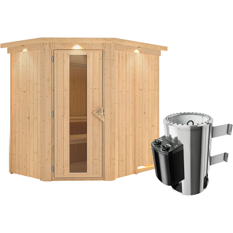 Sauna Karibu Saja, 3,6 kW Ofen, Plug&Play int. Steuerung, avec costière de toiture,Porte en bois avec vitrage isolant,vitrage claire