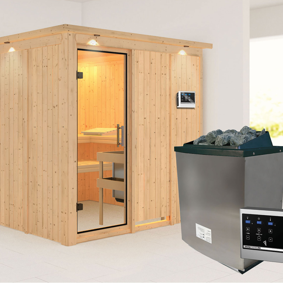 Karibu Sauna Rodin, 9 kW cmd ext. Easy Finnisch, avec costière de toiture,Porte tout verre,vitrage claire
