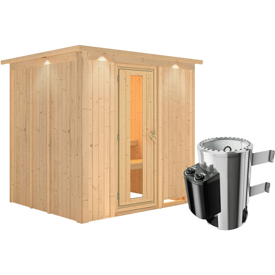 Sauna Karibu Daria, 3,6 kW Ofen, Plug&Play int. Steuerung, avec costière de toiture,Porte en bois avec vitrage isolant,vitrage claire