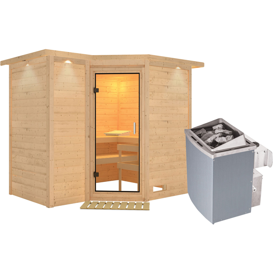 Karibu Sauna Sahib 2, 9 kW cmd intégrée, avec costière de toiture,Porte tout verre,vitrage claire