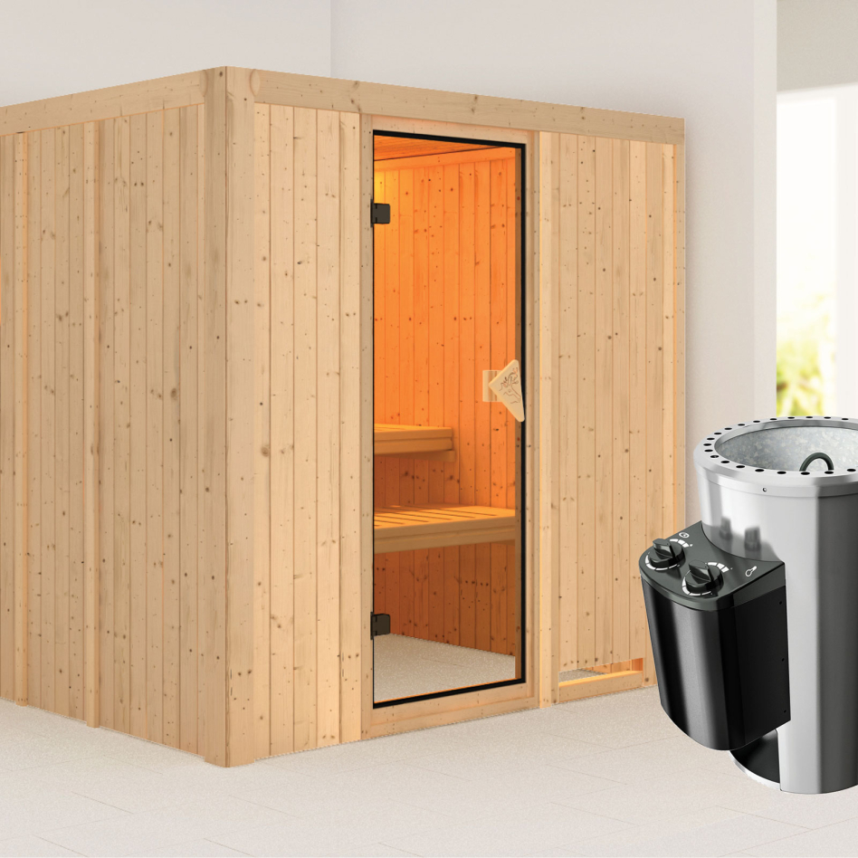 Sauna Karibu Daria, 3,6 kW Ofen, Plug&Play int. Steuerung, bronzé,Porte tout verre,sans corniche