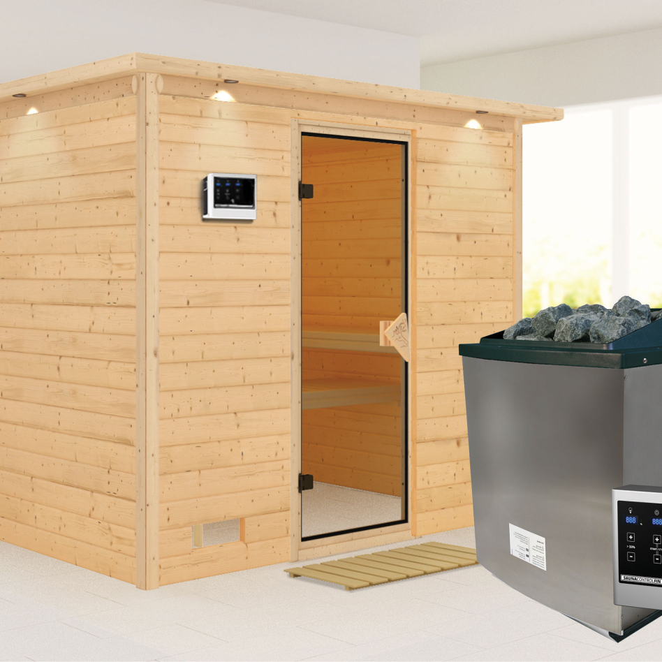 Karibu Sauna Sonara, 9 kW cmd ext. Easy Finnisch, avec costière de toiture,bronzé,Porte tout verre