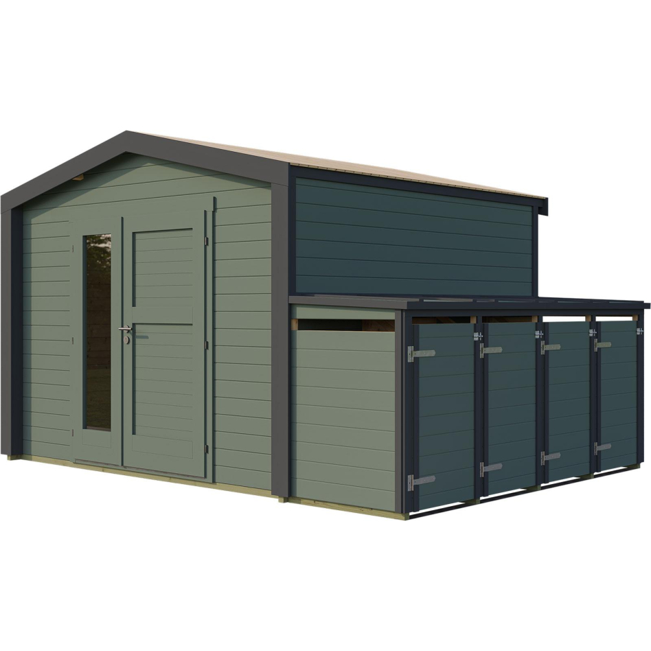 weka Gartenhaus Killarney Graugrün-Anthrazit inkl. 4er Mülltonnenbox, Nein, 300x300 cm,links Vollglas, rechts Holzfüllung