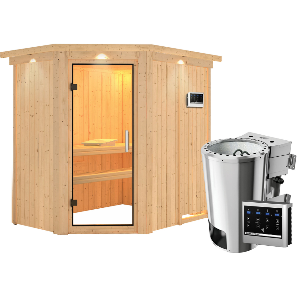 Sauna Karibu Saja, Easy Bio 3,6 kW Ofen, avec costière de toiture,Porte tout verre,vitrage claire
