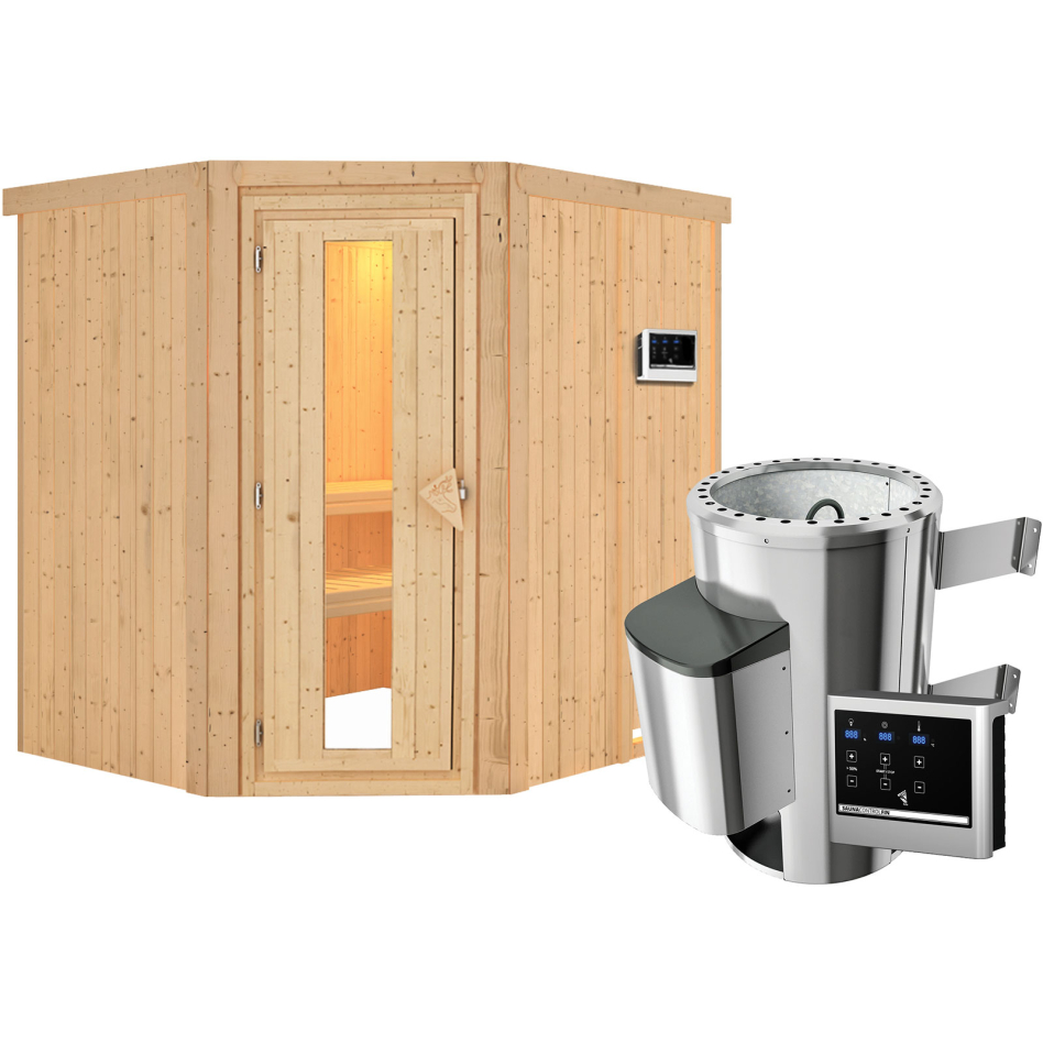 Sauna Karibu Lilja, Easy Finnisch 3,6 kW Ofen, Porte en bois avec vitrage isolant,sans corniche,vitrage claire