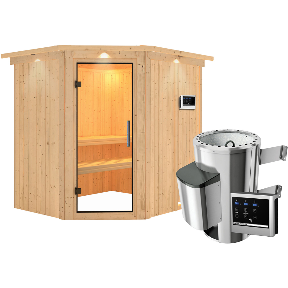 Sauna Karibu Lilja, Easy Finnisch 3,6 kW Ofen, avec costière de toiture,Porte tout verre,vitrage claire