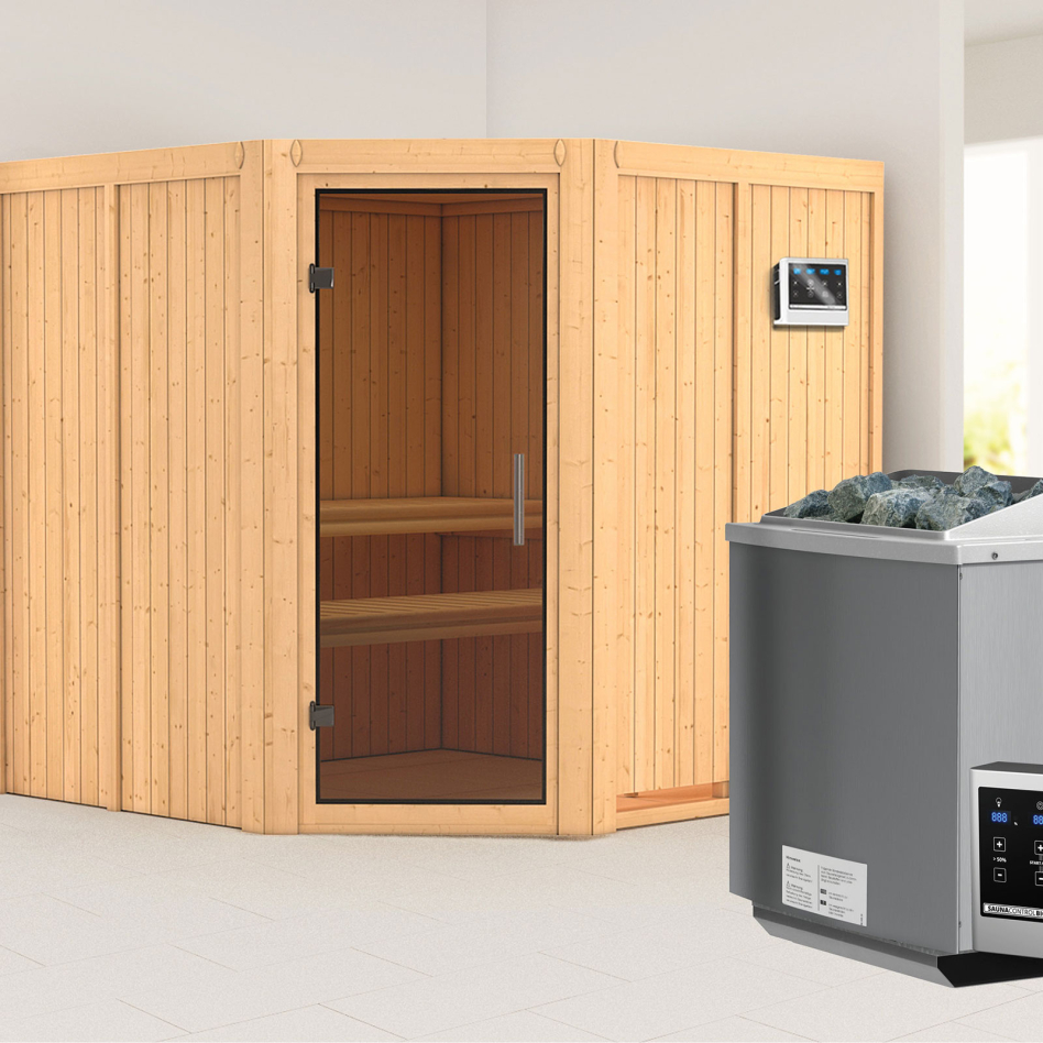 Karibu Sauna Jarin, 9 kW cmd ext. Easy Bio, graphit,Porte tout verre,sans corniche