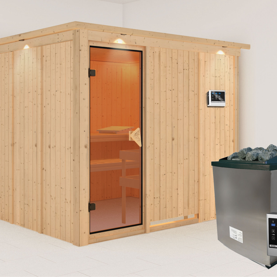 Karibu Sauna Gobin, 9 kW cmd ext. Easy Finnisch, avec costière de toiture,bronzé,Porte tout verre