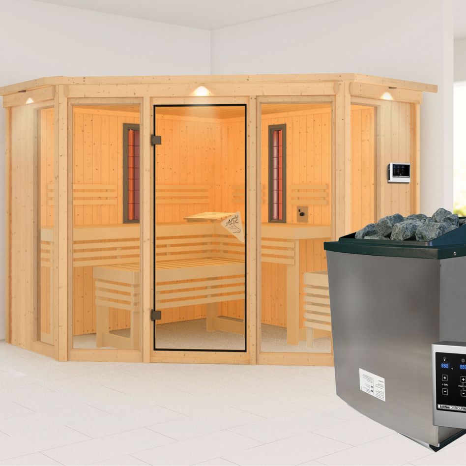 Sauna IR multifonctions Karibu Asta, 9 kW cmd ext. Easy Finnisch, avec costière de toiture