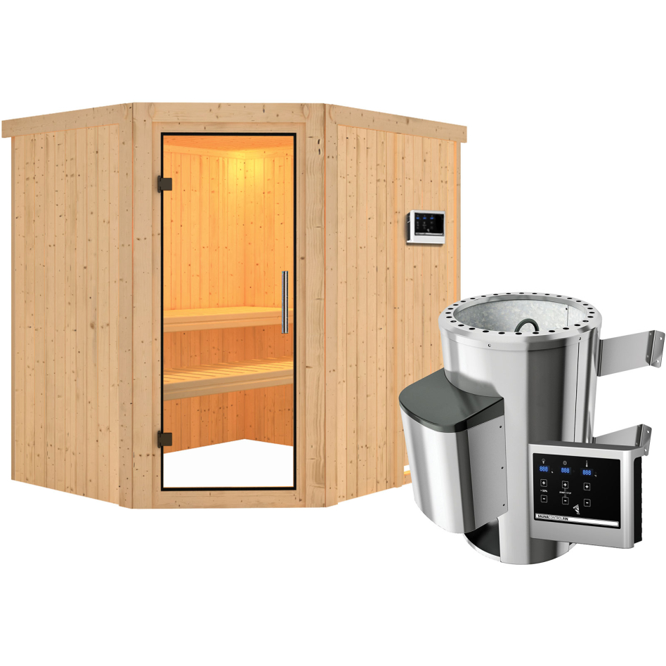 Sauna Karibu Lilja, Easy Finnisch 3,6 kW Ofen, Porte tout verre,sans corniche,vitrage claire