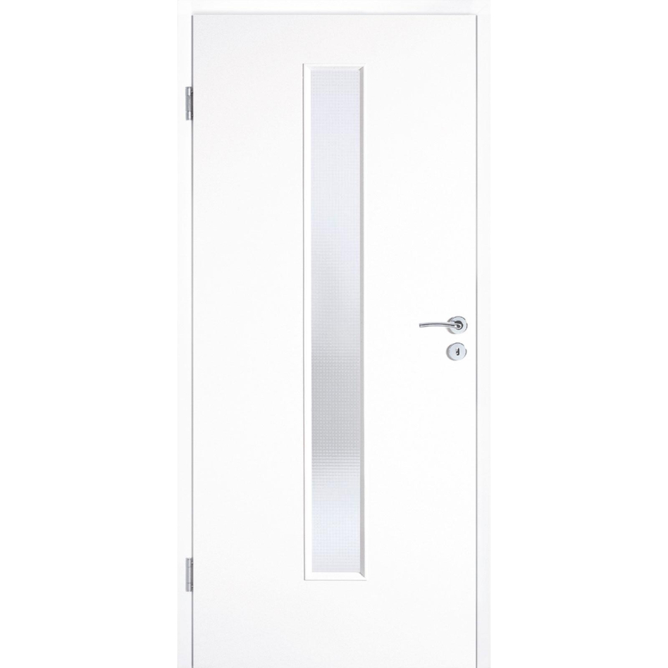 Kilsgaard Zimmertür mit Lichtausschnitt/Glas schmal mittig Weiß lackiert Lamikor Typ 43/LA05 Rundkante, DIN Links, 860x1985 mm,Mastercarré (ESG)