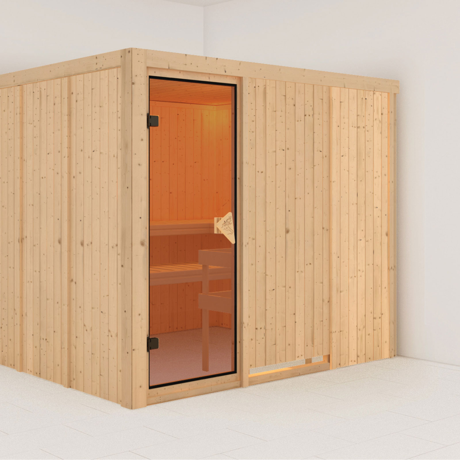 Karibu Sauna Gobin, sans poêle, bronzé,Porte tout verre,sans corniche