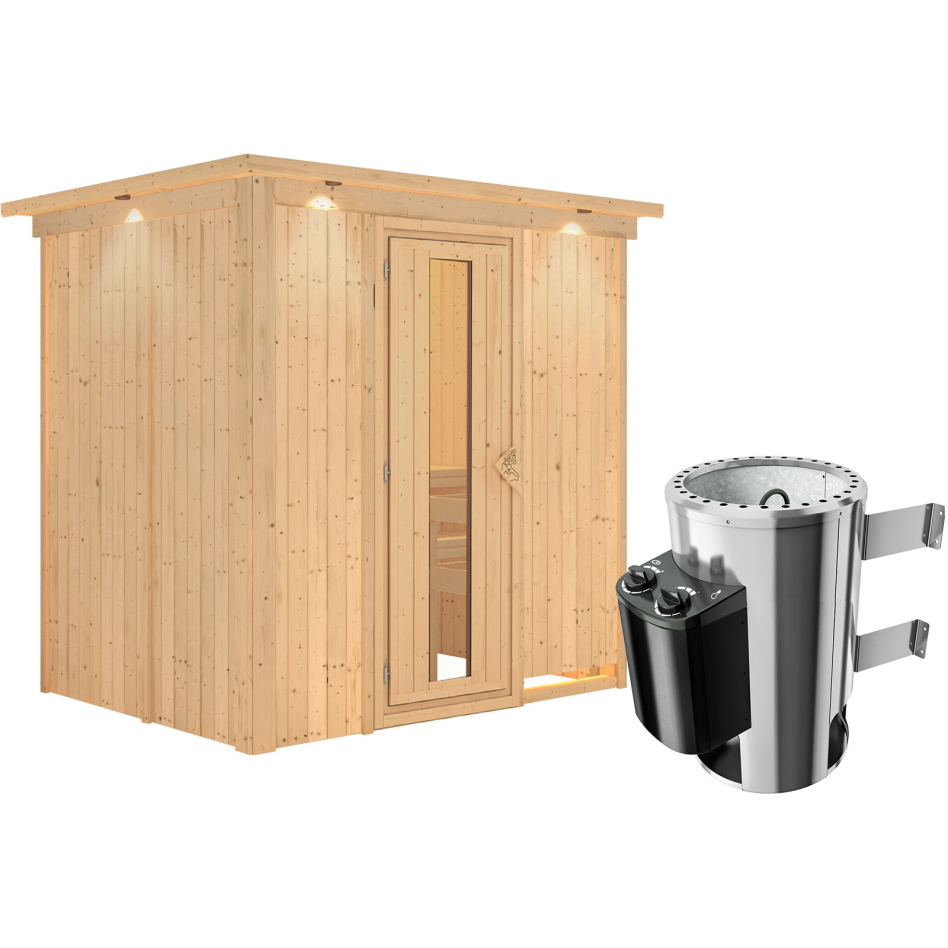 Karibu Sauna Fanja, 3,6 kW Ofen, Plug&Play int. Steuerung, avec costière de toiture,Porte en bois avec vitrage isolant,vitrage claire
