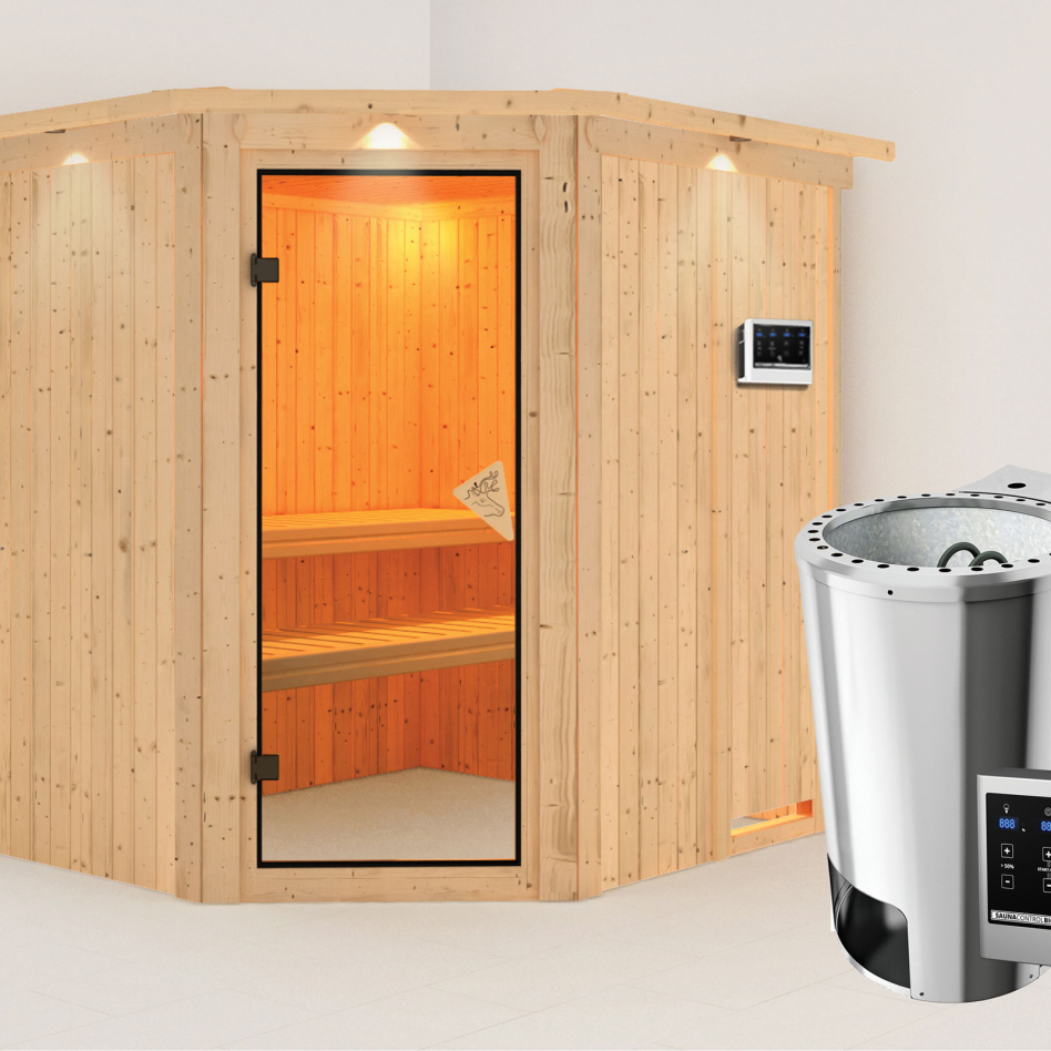 Sauna Karibu Lilja, Easy Bio 3,6 kW Ofen, avec costière de toiture,bronzé,Porte tout verre
