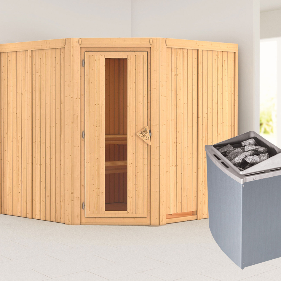 Karibu Sauna Jarin, 9 kW cmd intégrée, Porte en bois avec vitrage isolant,sans corniche,vitrage claire