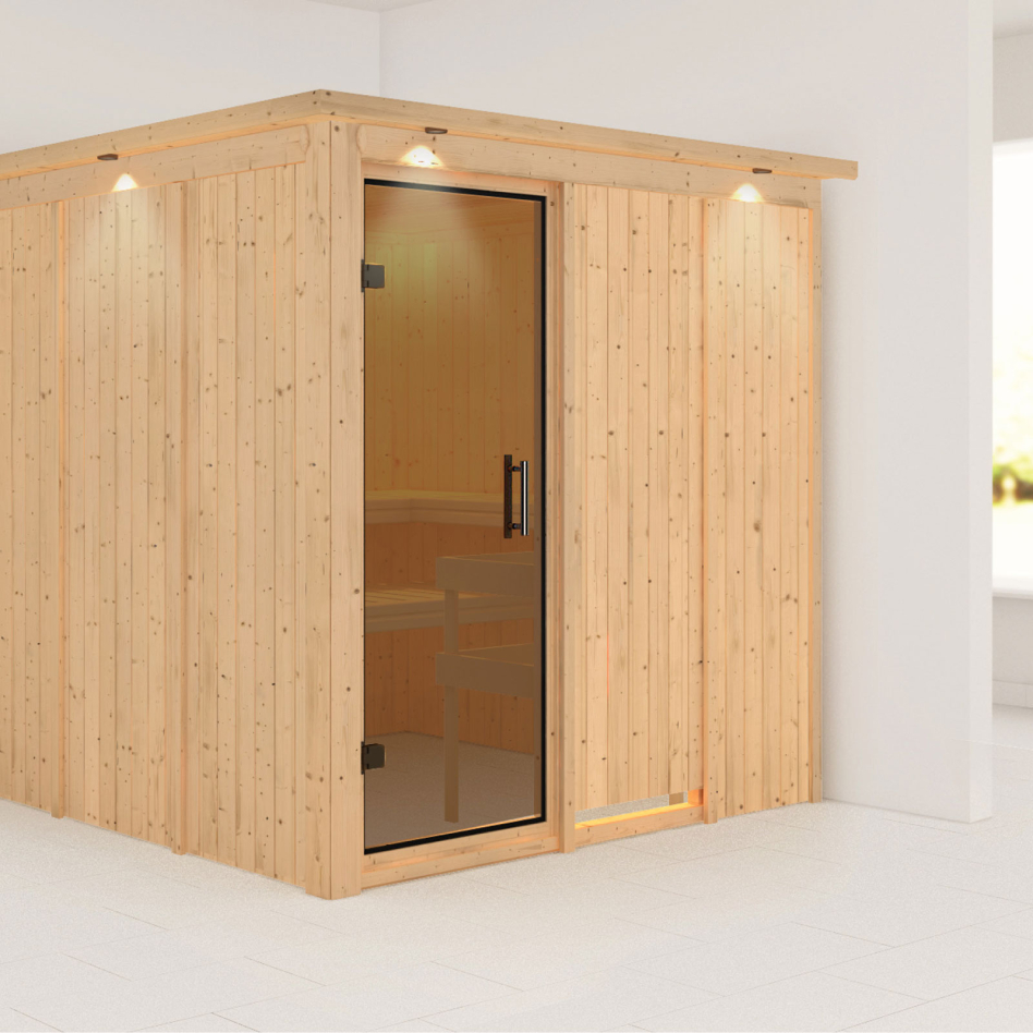Karibu Sauna Rodin, sans poêle, avec costière de toiture,graphit,Porte tout verre