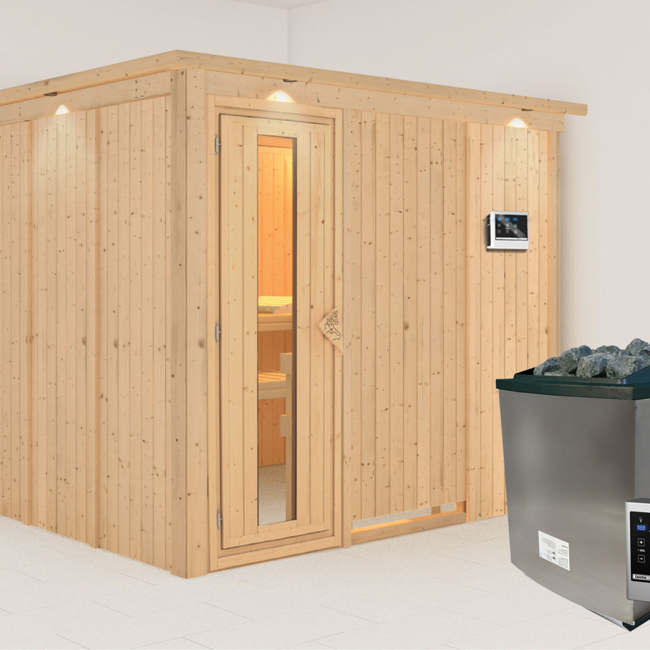 Karibu Sauna Gobin, 9 kW cmd ext. Easy Finnisch, avec costière de toiture,Porte en bois avec vitrage isolant,vitrage claire