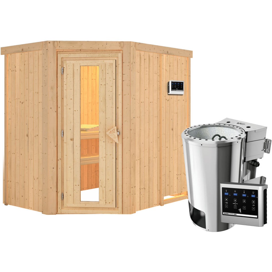 Sauna Karibu Saja, Easy Bio 3,6 kW Ofen, Porte en bois avec vitrage isolant,sans corniche,vitrage claire