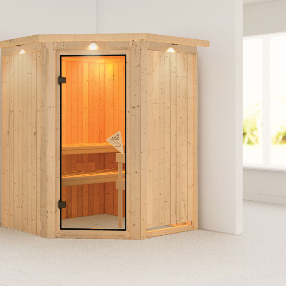 Karibu Sauna Nanja, sans poêle, avec costière de toiture,bronzé,Porte tout verre