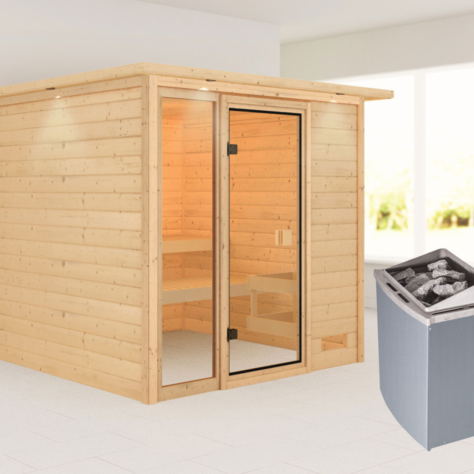Sauna Karibu Woodfeeling Jutta, 9 kW cmd intégrée, avec costière de toiture